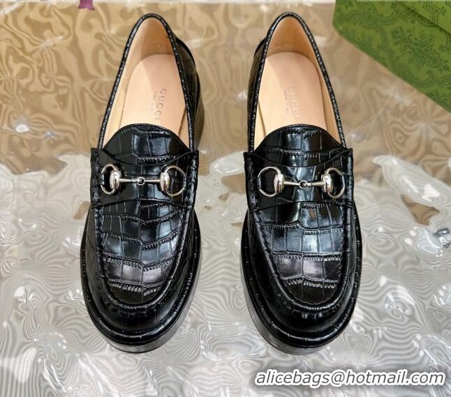 Good Quality Gucci Horsebit Wedge Platform Loafers Pumps 5cm in Stone Embossed Leather Black 814077