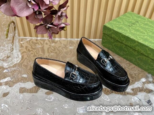 Good Quality Gucci Horsebit Wedge Platform Loafers Pumps 5cm in Stone Embossed Leather Black 814077