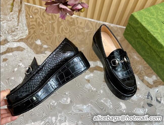 Good Quality Gucci Horsebit Wedge Platform Loafers Pumps 5cm in Stone Embossed Leather Black 814077