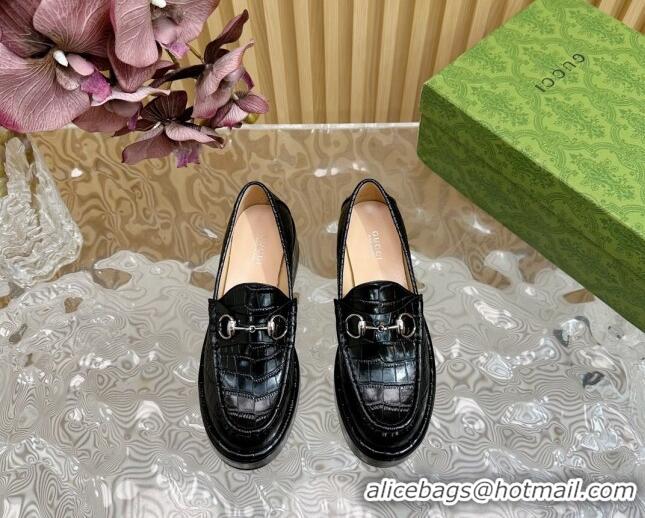 Good Quality Gucci Horsebit Wedge Platform Loafers Pumps 5cm in Stone Embossed Leather Black 814077