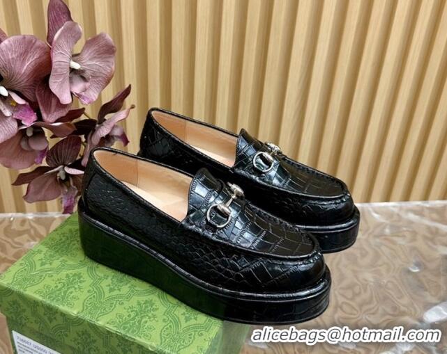 Good Quality Gucci Horsebit Wedge Platform Loafers Pumps 5cm in Stone Embossed Leather Black 814077