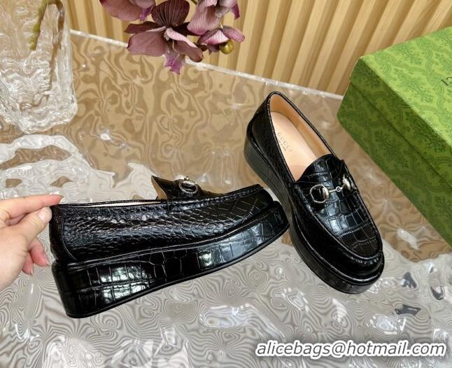 Good Quality Gucci Horsebit Wedge Platform Loafers Pumps 5cm in Stone Embossed Leather Black 814077