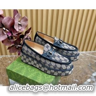 Luxury Cheap Gucci Horsebit Wedge Platform Loafers Pumps 5cm in GG Canvas Grey 814078