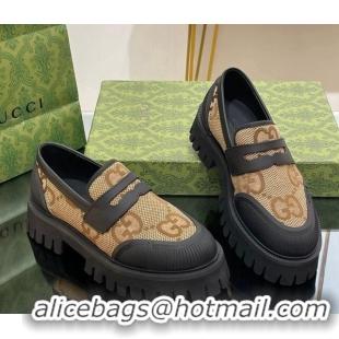 Perfect Gucci Loafers in Leather and Maxi GG Canvas Camel 814087