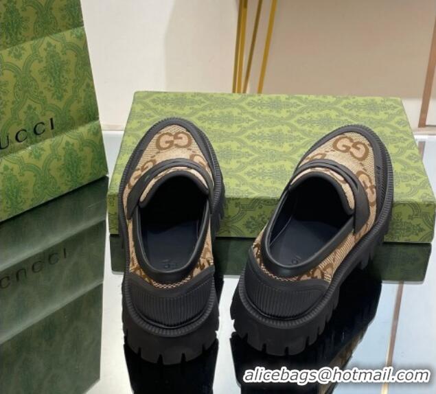 Perfect Gucci Loafers in Leather and Maxi GG Canvas Camel 814087