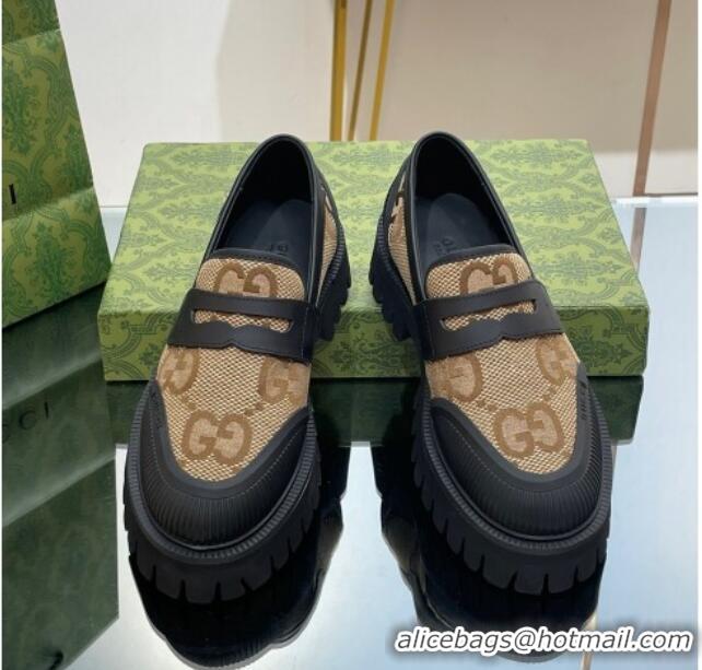 Perfect Gucci Loafers in Leather and Maxi GG Canvas Camel 814087