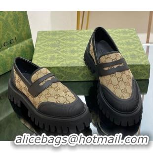 Good Quality Gucci Loafers in Leather and GG Canvas Beige 814088