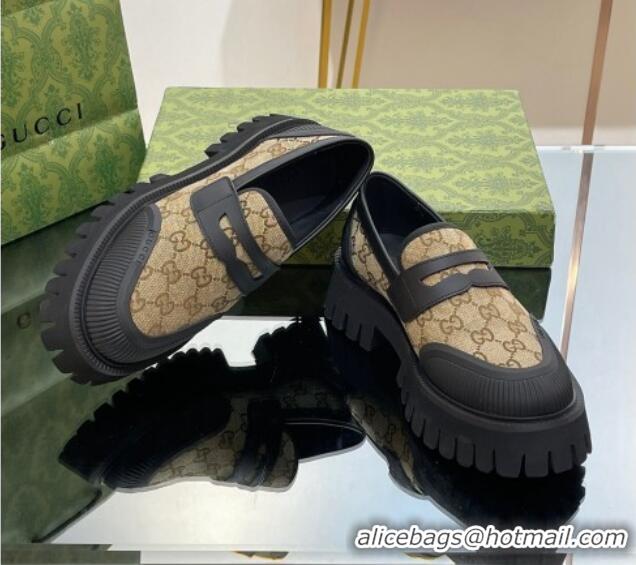 Good Quality Gucci Loafers in Leather and GG Canvas Beige 814088