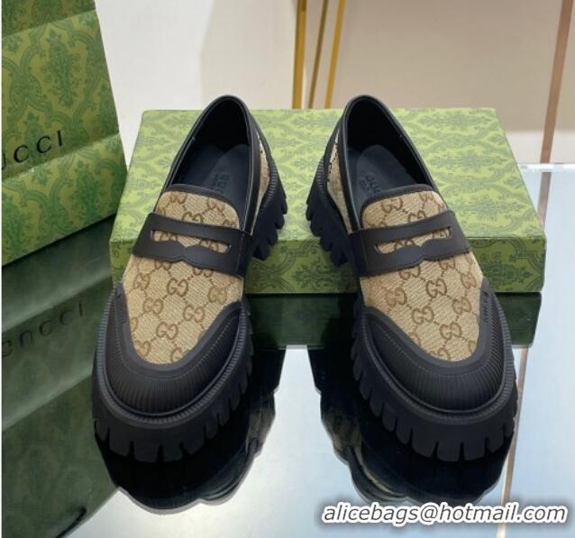 Good Quality Gucci Loafers in Leather and GG Canvas Beige 814088