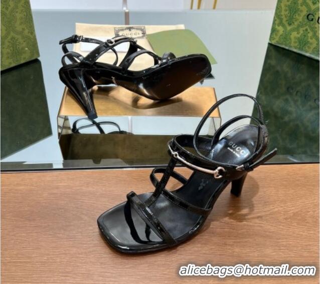 Stylish Gucci Leather Heel Sandals 9.5cm with Long Horsebit Black 814089