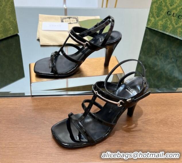 Stylish Gucci Leather Heel Sandals 9.5cm with Long Horsebit Black 814089