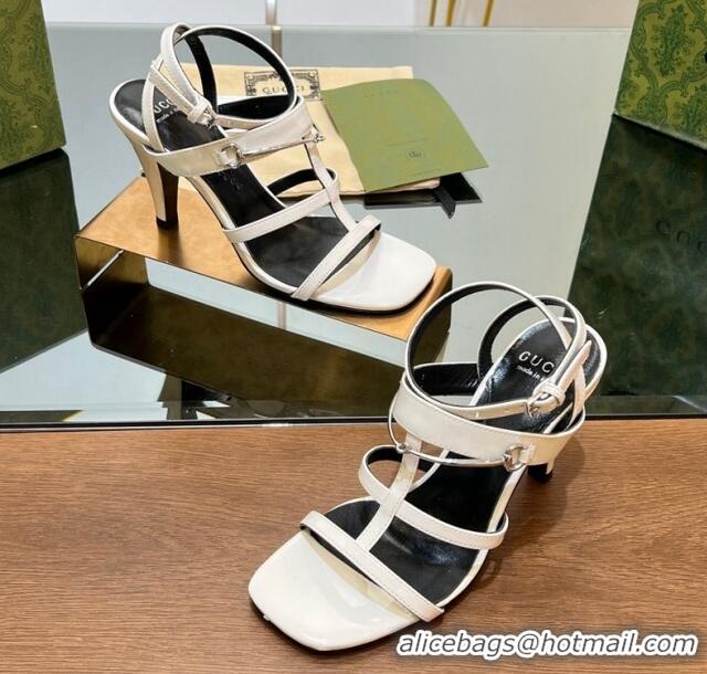 Popular Style Gucci Leather Heel Sandals 9.5cm with Long Horsebit White 814090