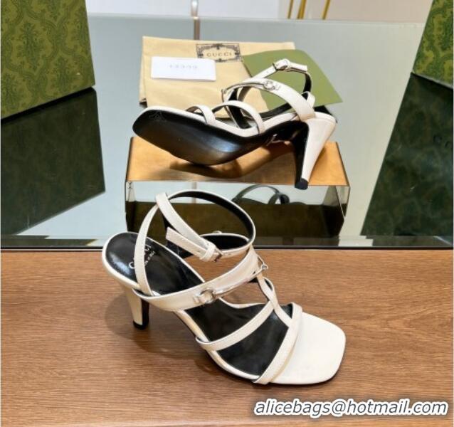 Popular Style Gucci Leather Heel Sandals 9.5cm with Long Horsebit White 814090