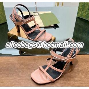 Top Design Gucci Leather Heel Sandals 9.5cm with Long Horsebit Pink 814091