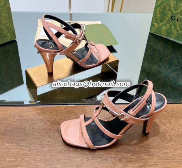 Top Design Gucci Leather Heel Sandals 9.5cm with Long Horsebit Pink 814091