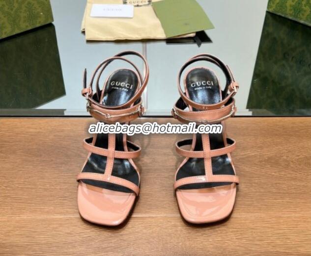 Top Design Gucci Leather Heel Sandals 9.5cm with Long Horsebit Pink 814091