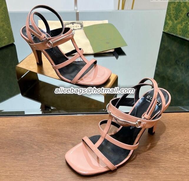 Top Design Gucci Leather Heel Sandals 9.5cm with Long Horsebit Pink 814091