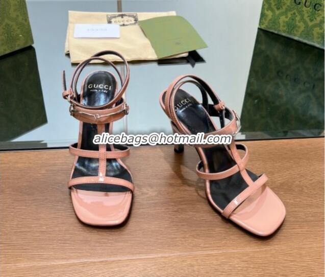 Top Design Gucci Leather Heel Sandals 9.5cm with Long Horsebit Pink 814091