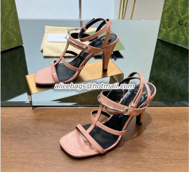 Top Design Gucci Leather Heel Sandals 9.5cm with Long Horsebit Pink 814091