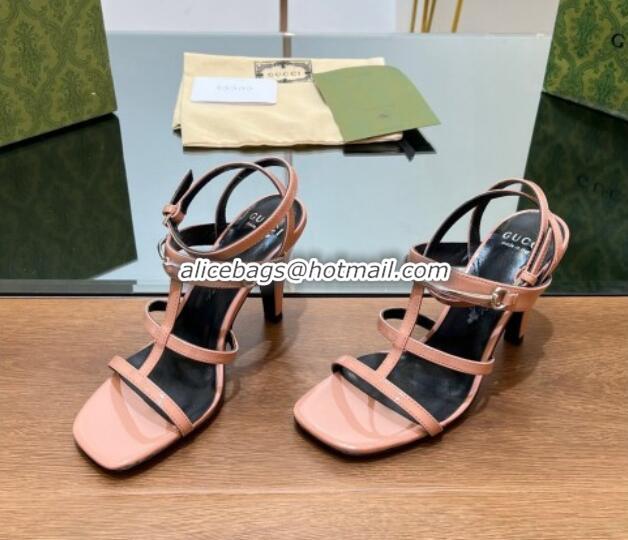 Top Design Gucci Leather Heel Sandals 9.5cm with Long Horsebit Pink 814091