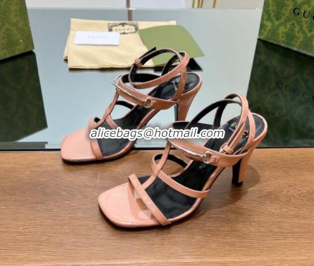 Top Design Gucci Leather Heel Sandals 9.5cm with Long Horsebit Pink 814091