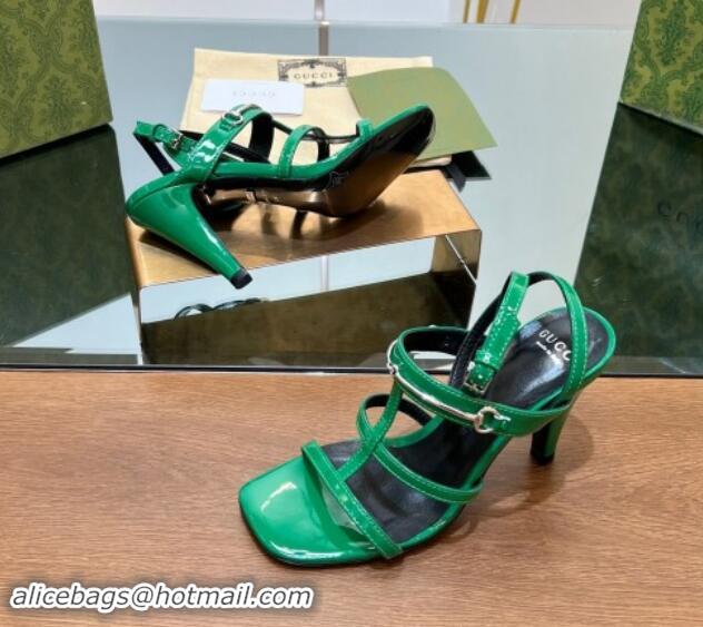 Duplicate Gucci Leather Heel Sandals 9.5cm with Long Horsebit Green 814092