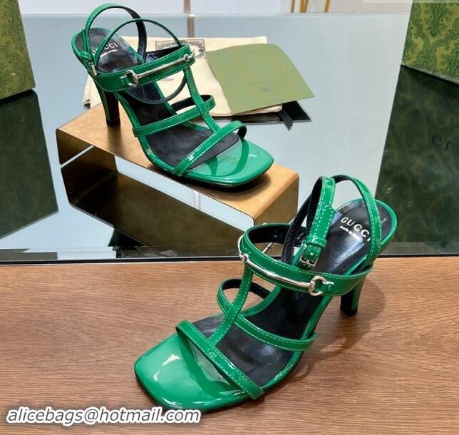 Duplicate Gucci Leather Heel Sandals 9.5cm with Long Horsebit Green 814092