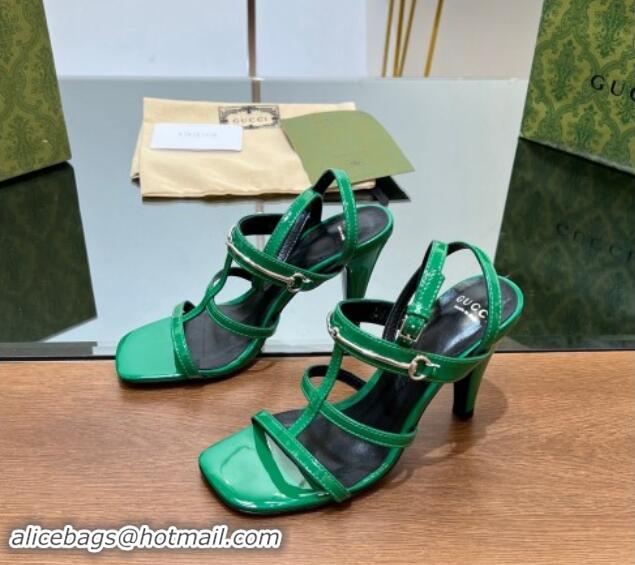 Duplicate Gucci Leather Heel Sandals 9.5cm with Long Horsebit Green 814092