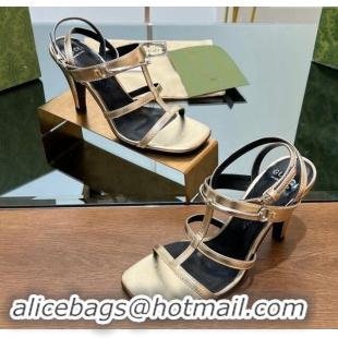 1:1 aaaaa Gucci Leather Heel Sandals 9.5cm with Long Horsebit Gold 814093