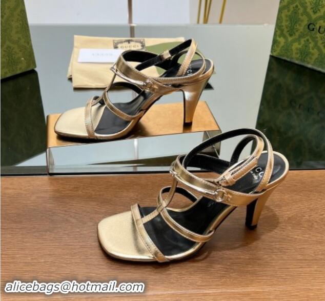 1:1 aaaaa Gucci Leather Heel Sandals 9.5cm with Long Horsebit Gold 814093