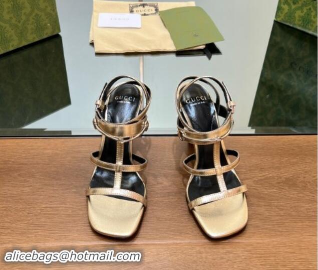 1:1 aaaaa Gucci Leather Heel Sandals 9.5cm with Long Horsebit Gold 814093