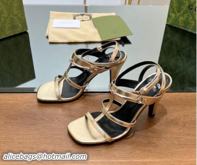 1:1 aaaaa Gucci Leather Heel Sandals 9.5cm with Long Horsebit Gold 814093