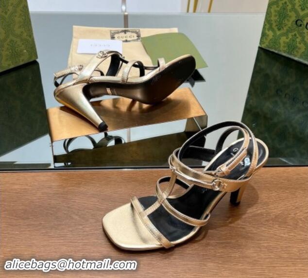 1:1 aaaaa Gucci Leather Heel Sandals 9.5cm with Long Horsebit Gold 814093