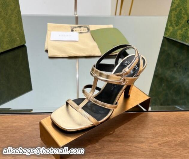 1:1 aaaaa Gucci Leather Heel Sandals 9.5cm with Long Horsebit Gold 814093