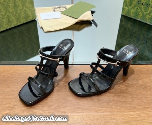 Best Grade Gucci Leather Heel Slides Sandal 9.5cm with Long Horsebit Black 814094