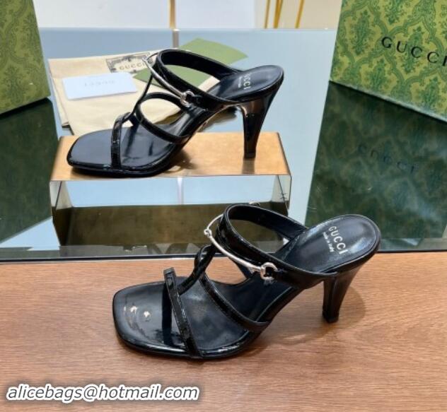 Best Grade Gucci Leather Heel Slides Sandal 9.5cm with Long Horsebit Black 814094