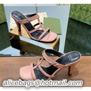 Good Looking Gucci Leather Heel Slides Sandal 9.5cm with Long Horsebit Pink 814095