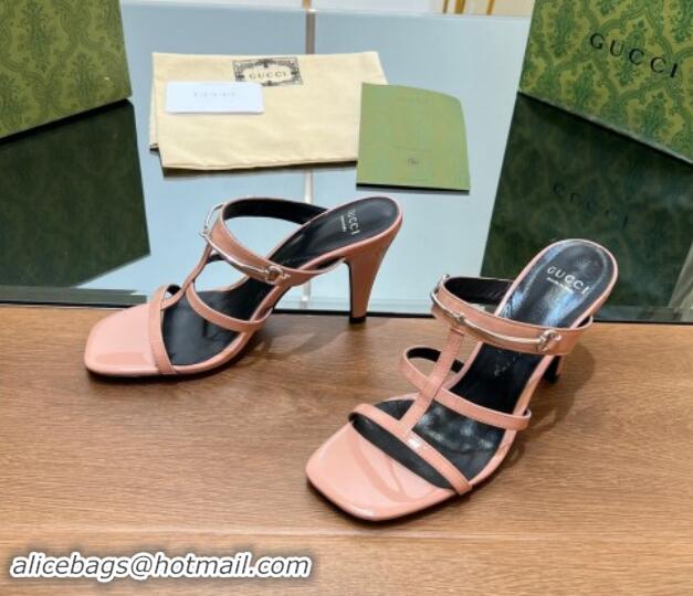 Good Looking Gucci Leather Heel Slides Sandal 9.5cm with Long Horsebit Pink 814095