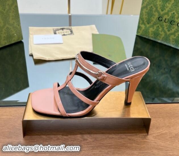 Good Looking Gucci Leather Heel Slides Sandal 9.5cm with Long Horsebit Pink 814095