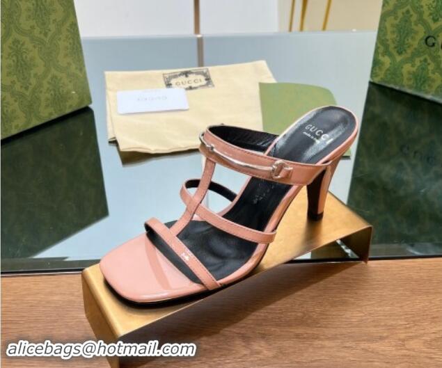 Good Looking Gucci Leather Heel Slides Sandal 9.5cm with Long Horsebit Pink 814095