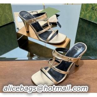 Shop Duplicate Gucci Leather Heel Slides Sandal 9.5cm with Long Horsebit Gold 814096