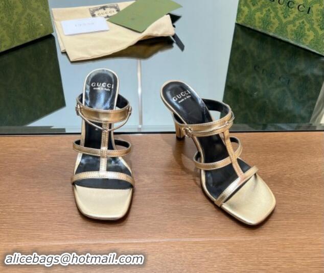 Shop Duplicate Gucci Leather Heel Slides Sandal 9.5cm with Long Horsebit Gold 814096