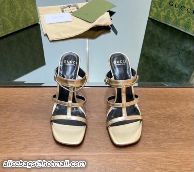 Shop Duplicate Gucci Leather Heel Slides Sandal 9.5cm with Long Horsebit Gold 814096