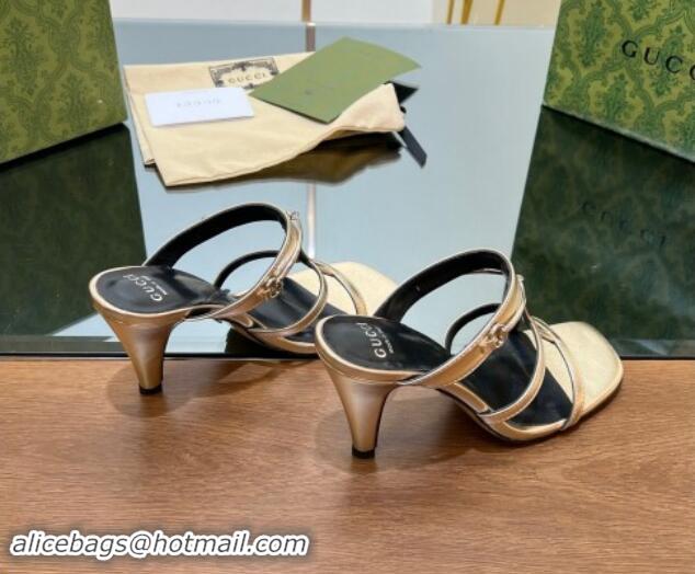 Shop Duplicate Gucci Leather Heel Slides Sandal 9.5cm with Long Horsebit Gold 814096