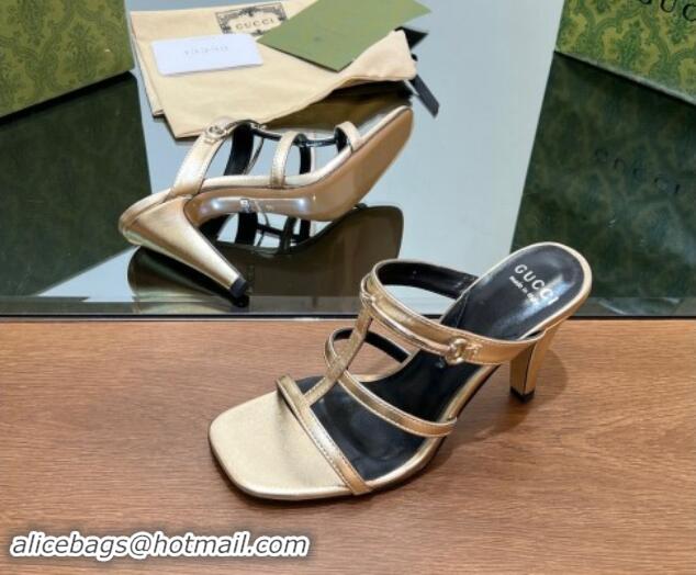 Shop Duplicate Gucci Leather Heel Slides Sandal 9.5cm with Long Horsebit Gold 814096