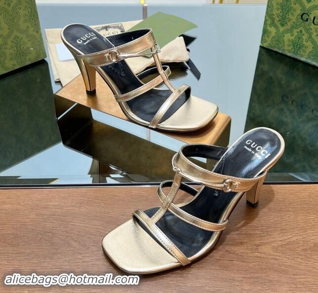 Shop Duplicate Gucci Leather Heel Slides Sandal 9.5cm with Long Horsebit Gold 814096