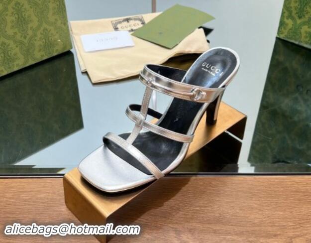 Luxurious Gucci Leather Heel Slides Sandal 9.5cm with Long Horsebit Silver 814097