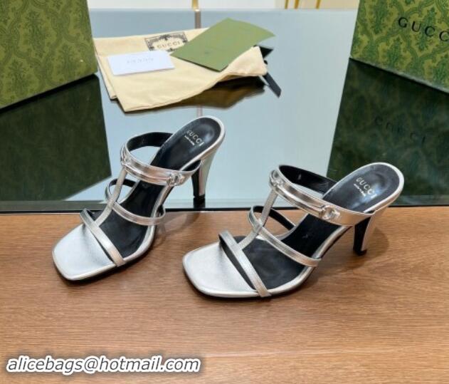 Luxurious Gucci Leather Heel Slides Sandal 9.5cm with Long Horsebit Silver 814097