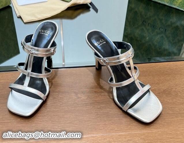 Luxurious Gucci Leather Heel Slides Sandal 9.5cm with Long Horsebit Silver 814097