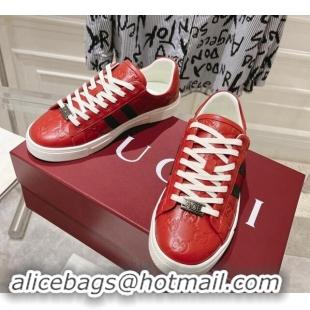 Low Price Gucci Ace Sneakers with Web in GG Leather Red 814100